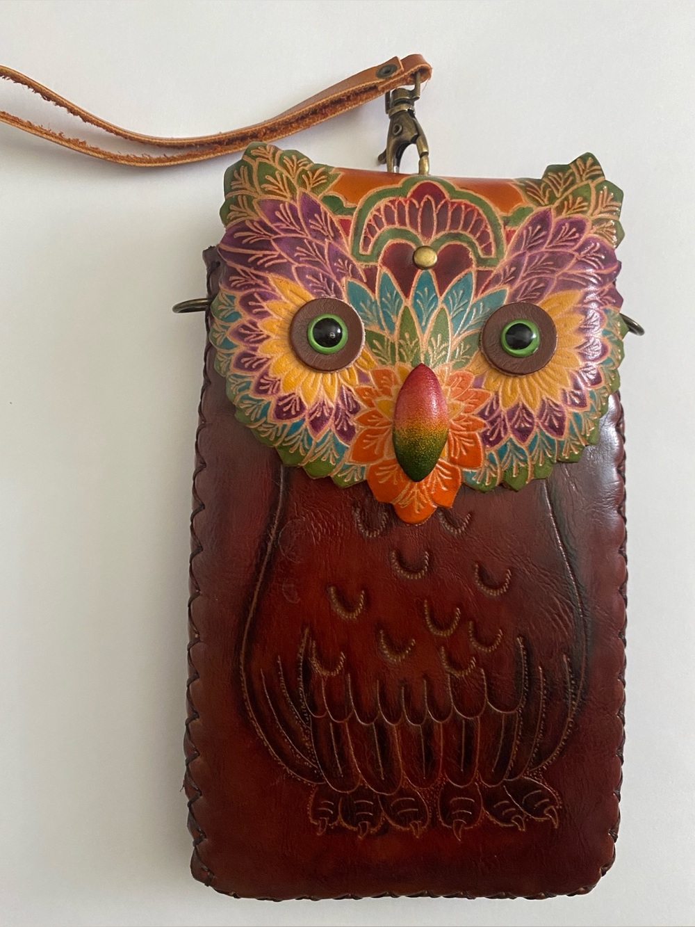 Hand Tooled Leather Owl Phone Pouch Wristlet